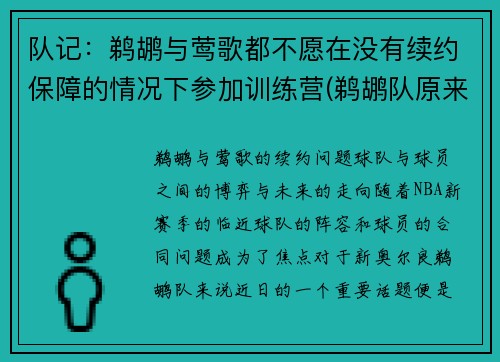 队记：鹈鹕与莺歌都不愿在没有续约保障的情况下参加训练营(鹈鹕队原来叫什么)